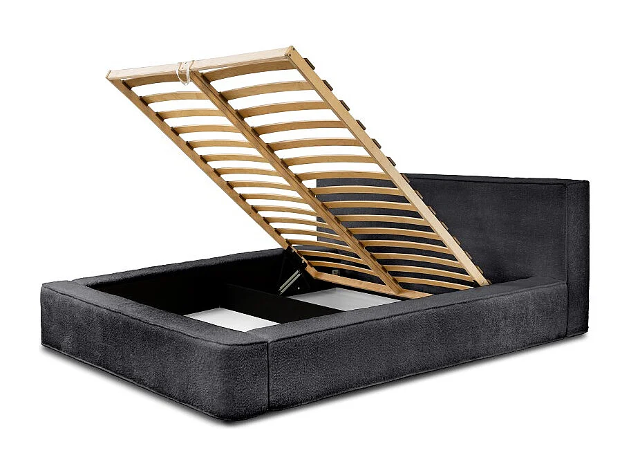 Lit coffre DENALI – Antracite profundo bouclé – 180x200 cm – Tecido de veludo macio – Estrado elevatório – Armazenamento integrado