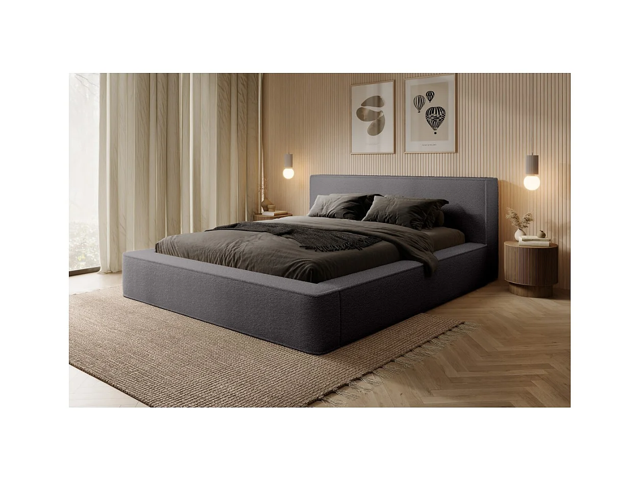 Lit coffre VELORA – Gris cendré bouclé – 180x200 cm – Tissu velours doux – Sommier relevable – Rangement intégré