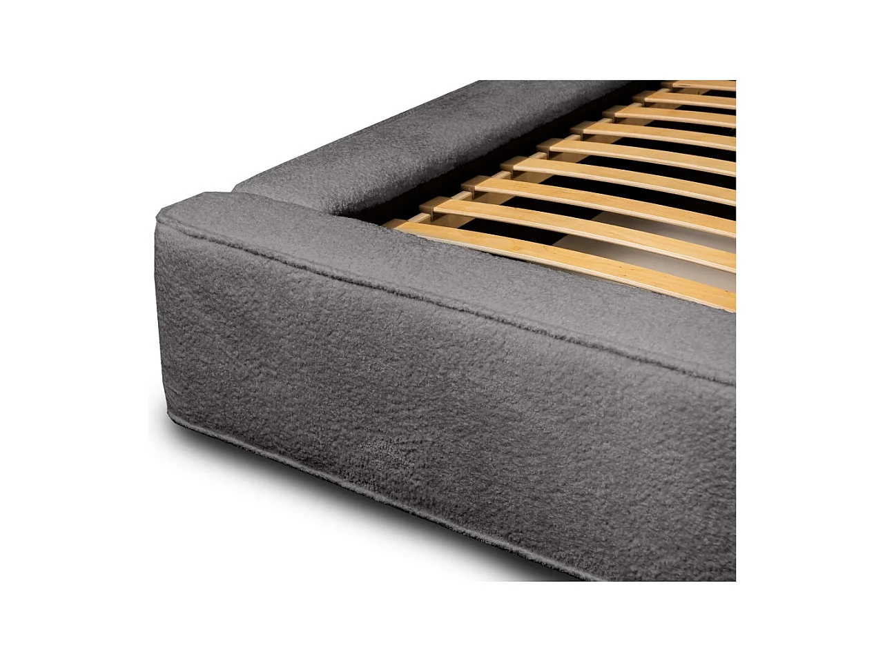 Lit coffre VELORA – Gris cendré bouclé – 180x200 cm – Tissu velours doux – Sommier relevable – Rangement intégré