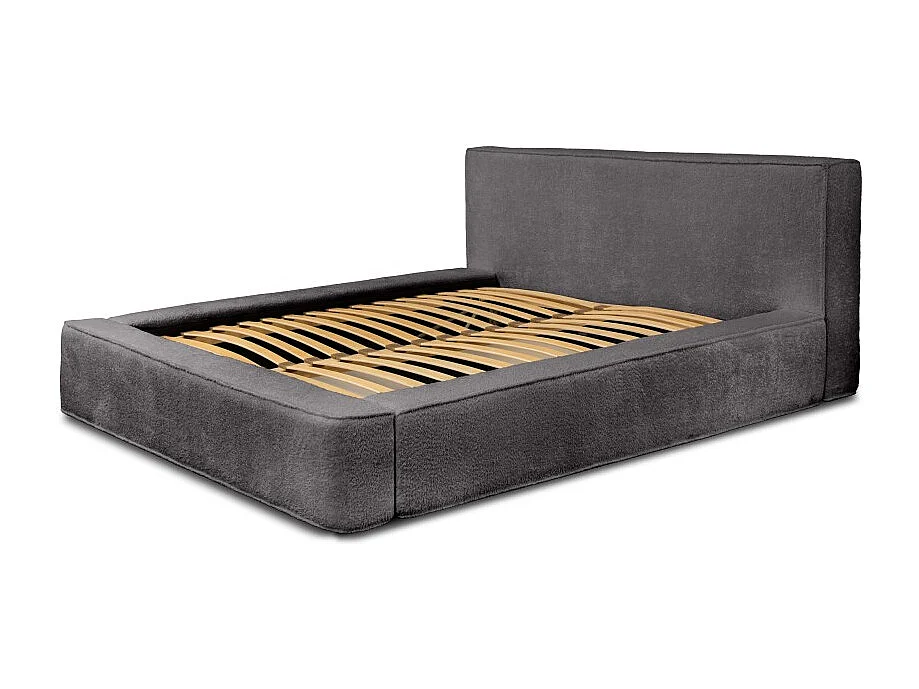 Lit coffre DENALI – Cinza mesclado bouclé – 180x200 cm – Tecido veludo macio – Estrado elevatório – Armazenamento integrado