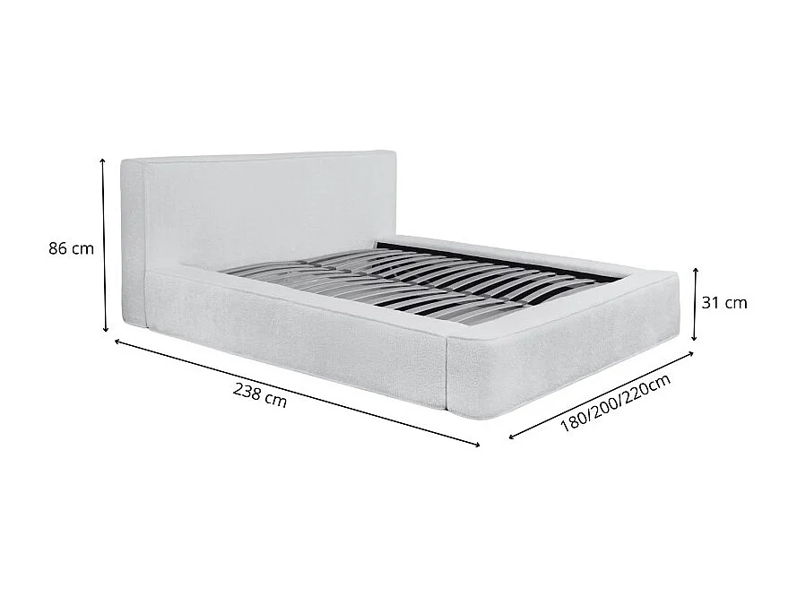 Lit coffre DENALI – Cinza mesclado bouclé – 180x200 cm – Tecido veludo macio – Estrado elevatório – Armazenamento integrado