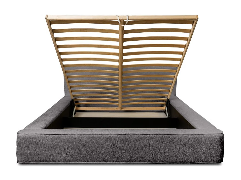 Lit coffre VELORA – Gris cendré bouclé – 180x200 cm – Tissu velours doux – Sommier relevable – Rangement intégré