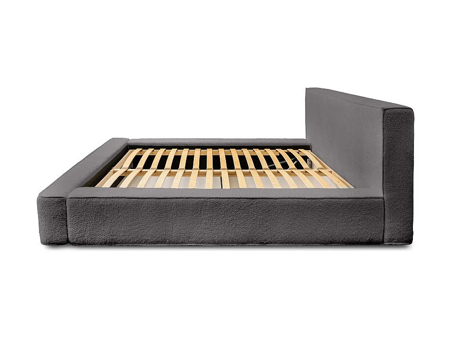 Lit coffre VELORA – Gris cendré bouclé – 180x200 cm – Tissu velours doux – Sommier relevable – Rangement intégré