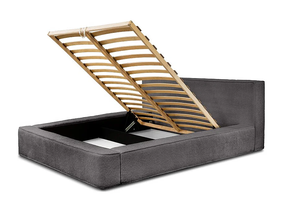 Bed met opbergruimte VELORA – Asgrijs gekruld – 180x200 cm – Zacht fluwelen stof – Opklapbare lattenbodem – Geïntegreerde opbergruimte