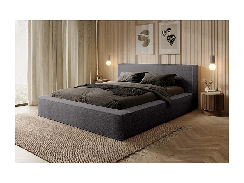 Cama con canapé VELORA – Gris ceniza rizado – 180x200 cm – Tela terciopelo suave – Somier elevable – Almacenamiento integrado