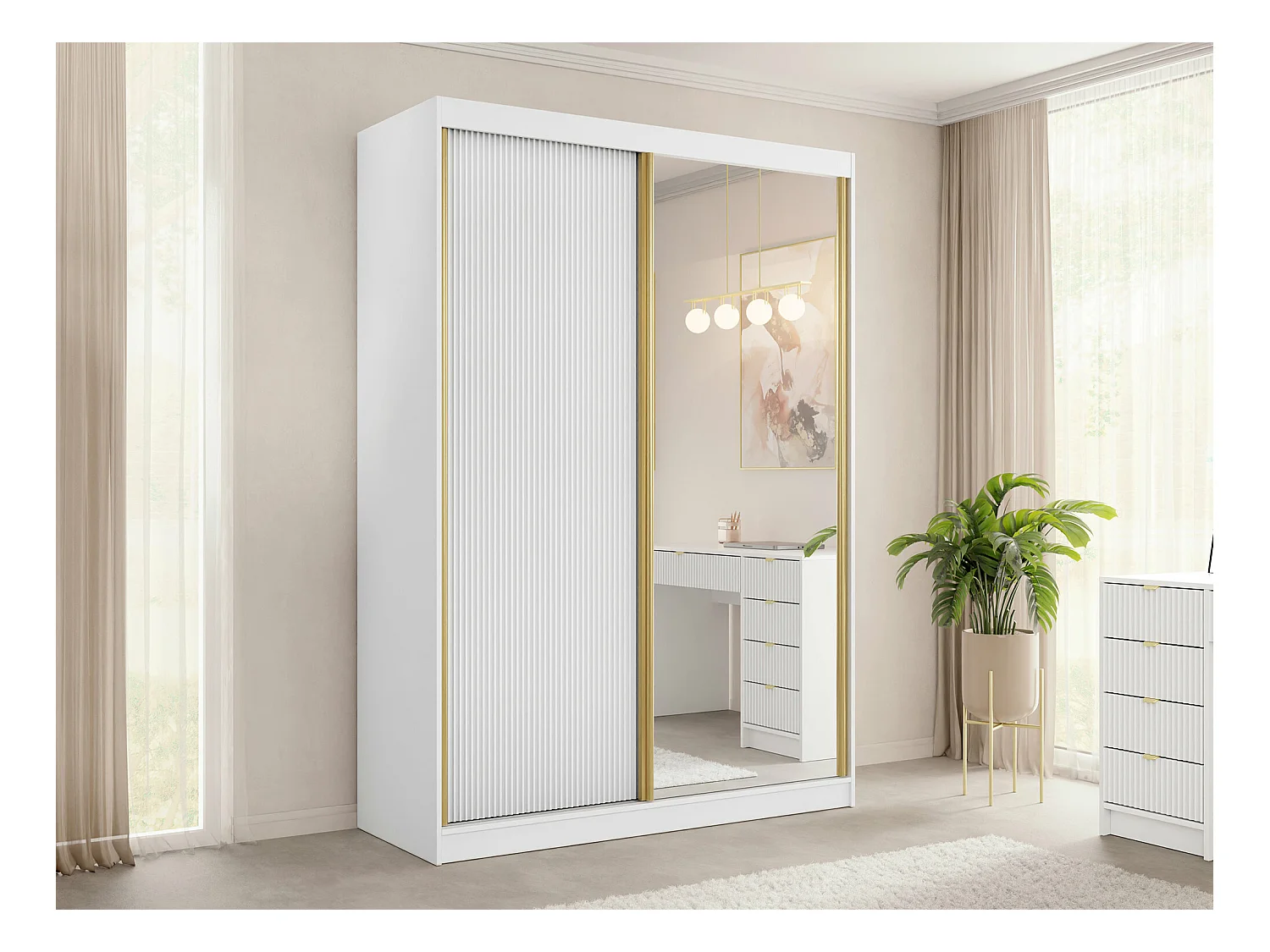 Armoire Comfivo Larmire 111, Blanc|Doré, 216x151x60cm, Portes d'armoire: Coulissantes