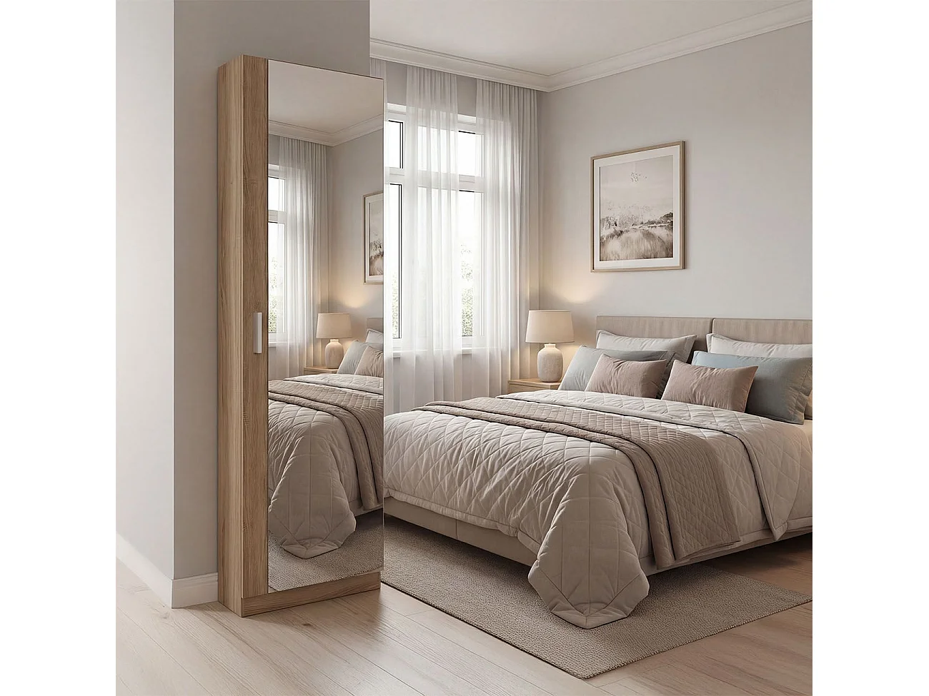 Zapatero alto de 1 puerta con espejo en roble canadian 180x50 cm Roma Roble Canadian