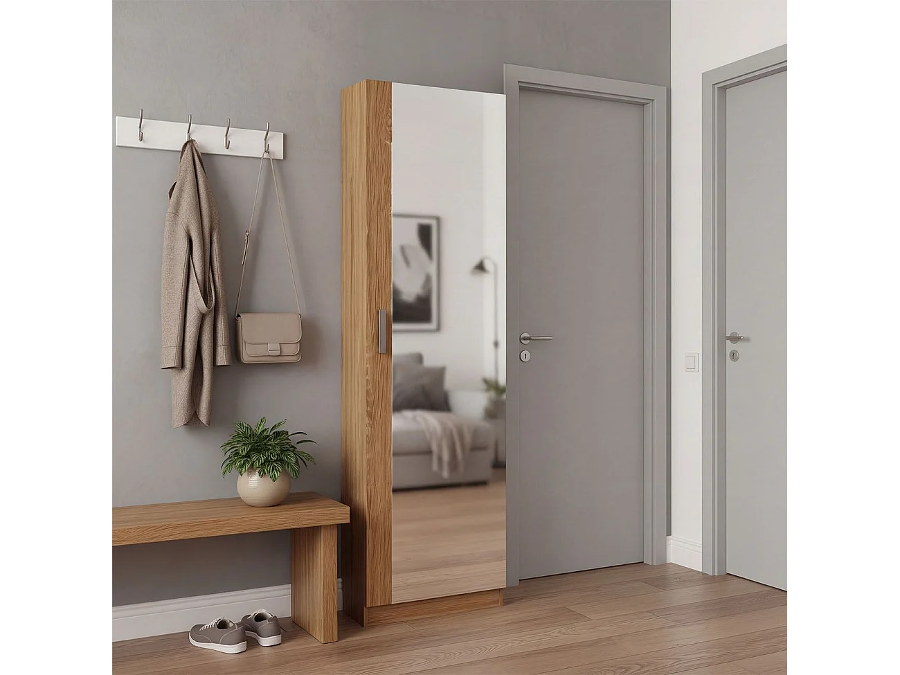 Zapatero alto de 1 puerta con espejo en roble canadian 180x50 cm Roma Roble Canadian