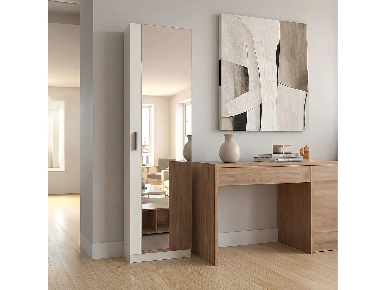 Zapatero alto de 1 puerta con espejo en blanco brillo 180x50 cm Roma Blanco Brillo