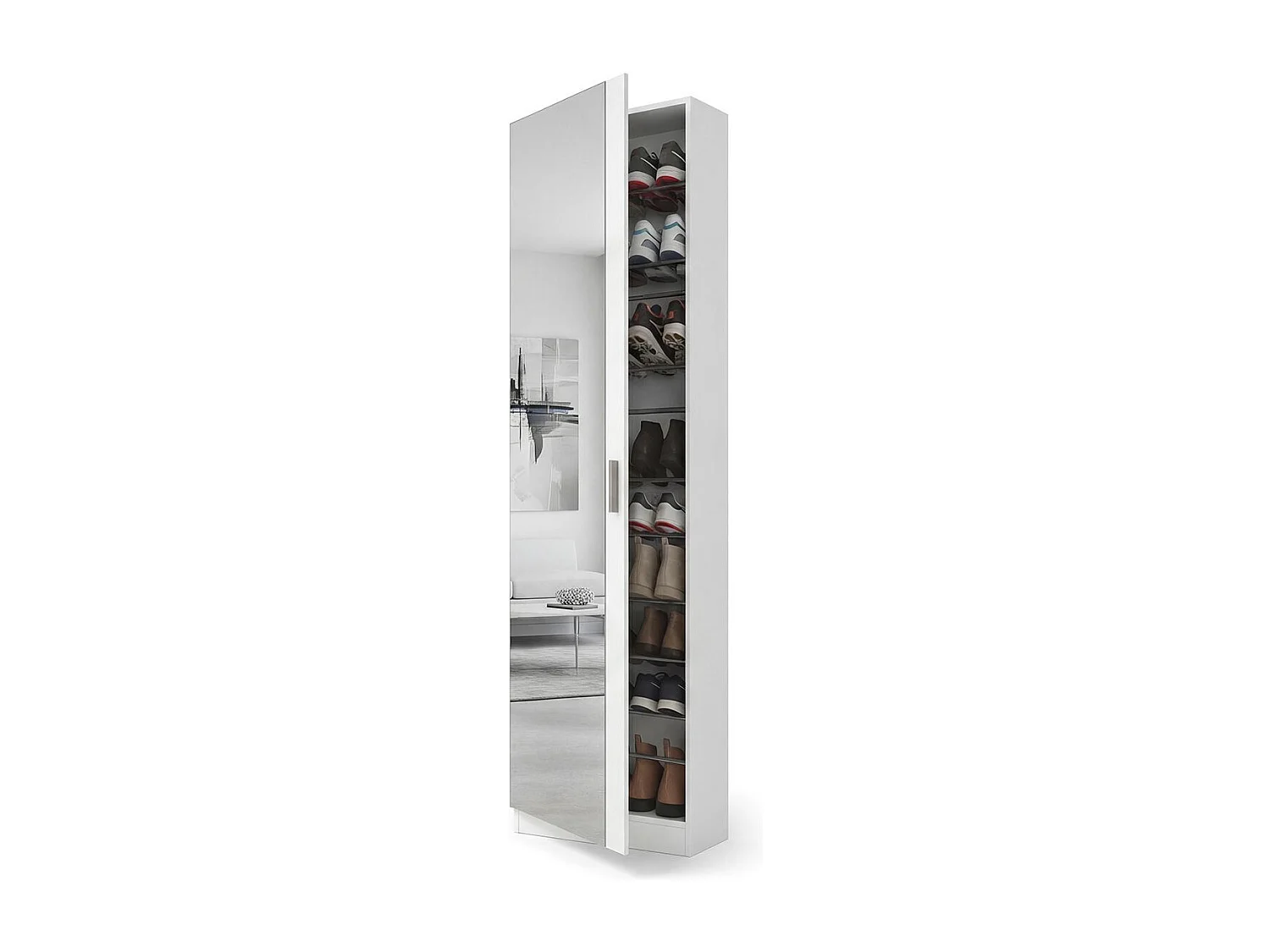 Zapatero alto de 1 puerta con espejo en blanco brillo 180x50 cm Roma Blanco Brillo