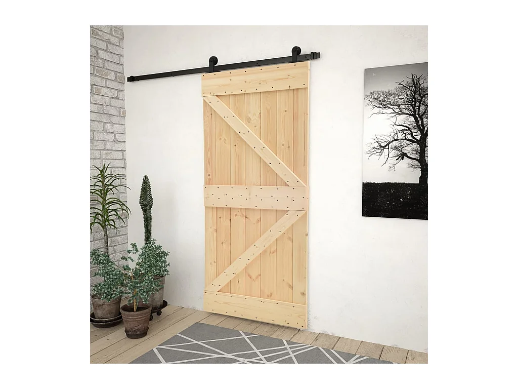 Puerta corredera con herrajes madera maciza de pino 90x210 cm