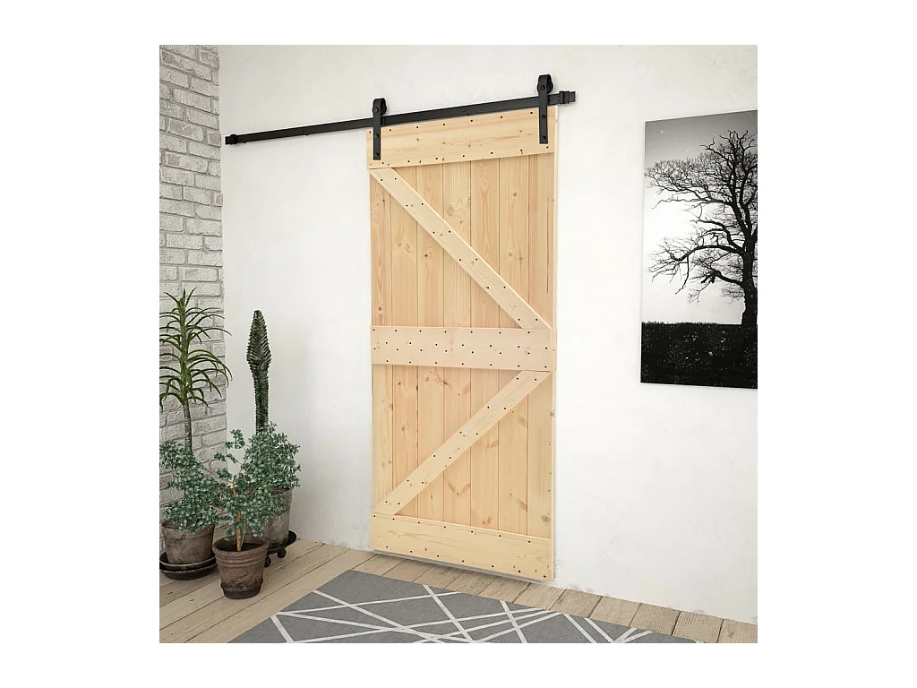 Puerta corredera con herrajes madera maciza de pino 90x210 cm