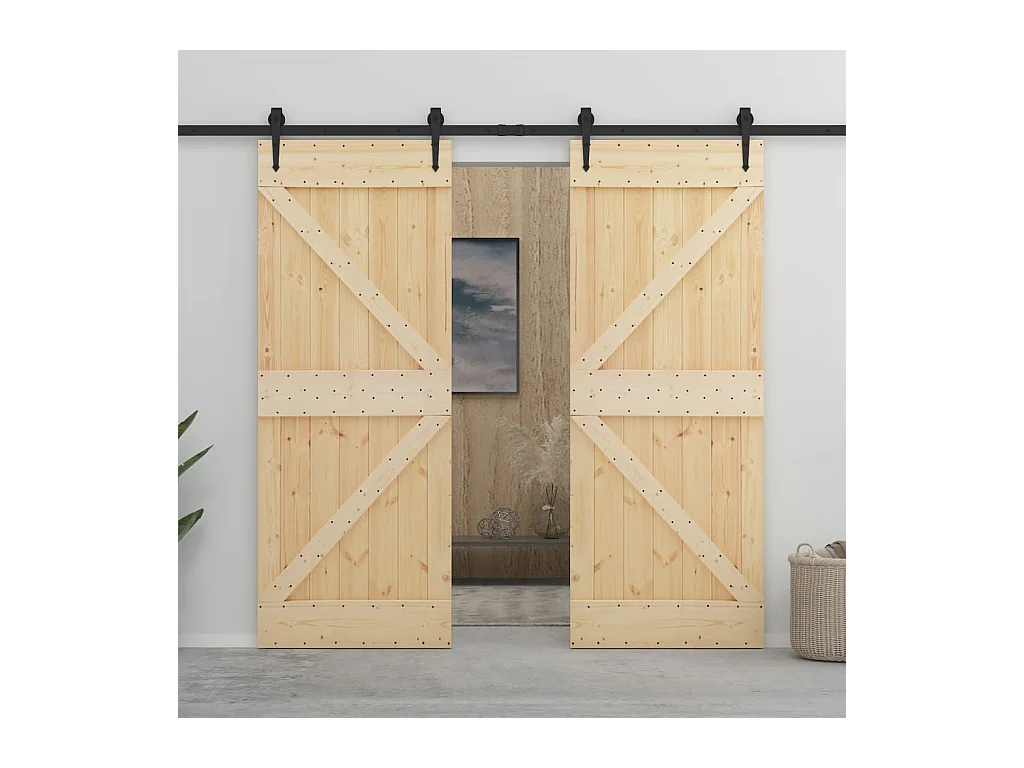 Porta Scorrevole con Set Hardware 90x210 cm in Legno di Pino
