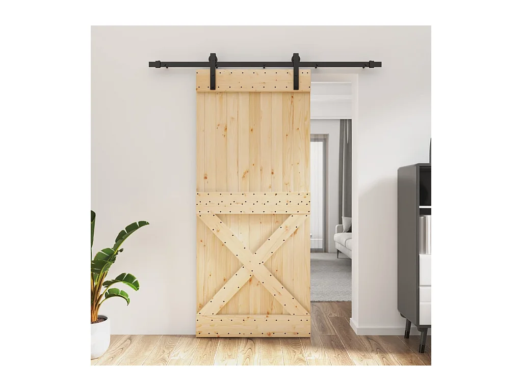 Porte coulissante et kit de quincaillerie 90x210 cm pin massif