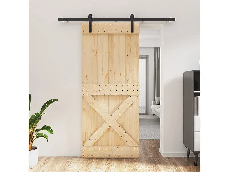 Porta de Correr em Madeira de Pinho Maciça 90x210 cm com Ferragens Duráveis