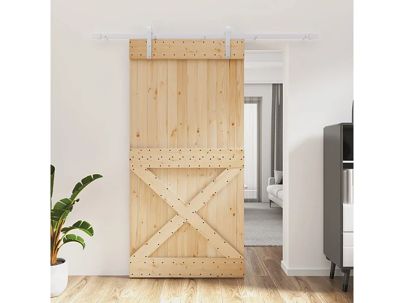 Porta de Correr de Madeira de Pinho Maciça com Ferragens de Aço 100x210 cm