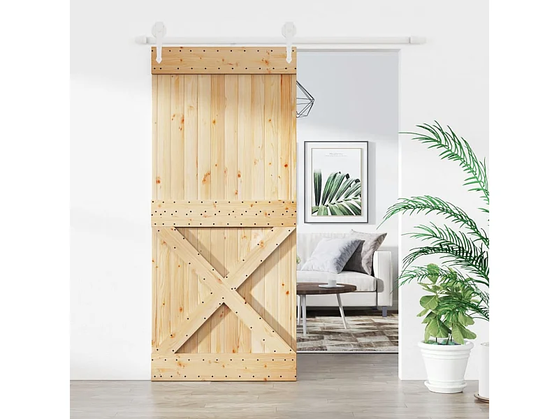 Elegante Porta de Correr em Madeira de Pinho Maciça 90x210 cm com Ferragens de Alta Qualidade