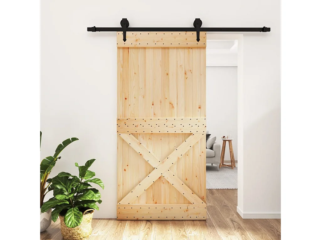 Porta de Correr em Madeira de Pinho Maciça 100x210 cm com Ferragens Incluídas