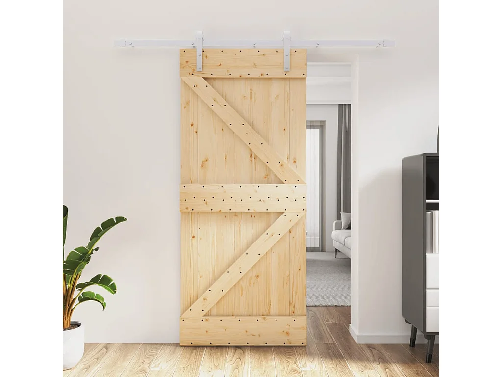 Porta Scorrevole con Set Hardware 90x210 cm Legno Massello Pino