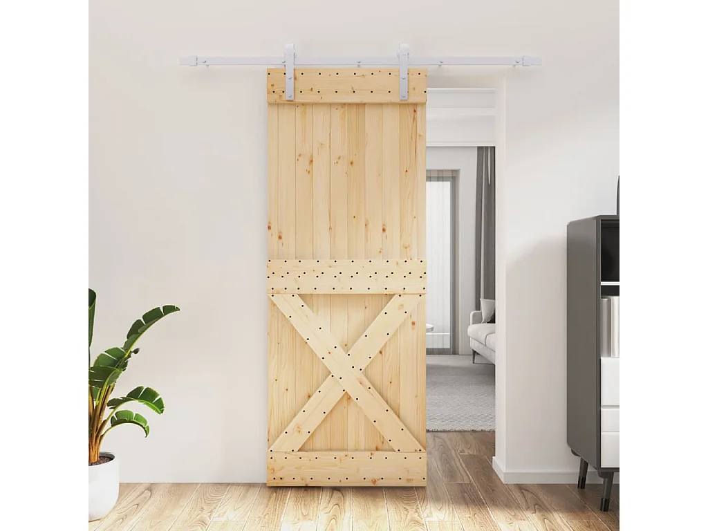 Porta Scorrevole con Set Hardware 80x210 cm Legno Massello Pino