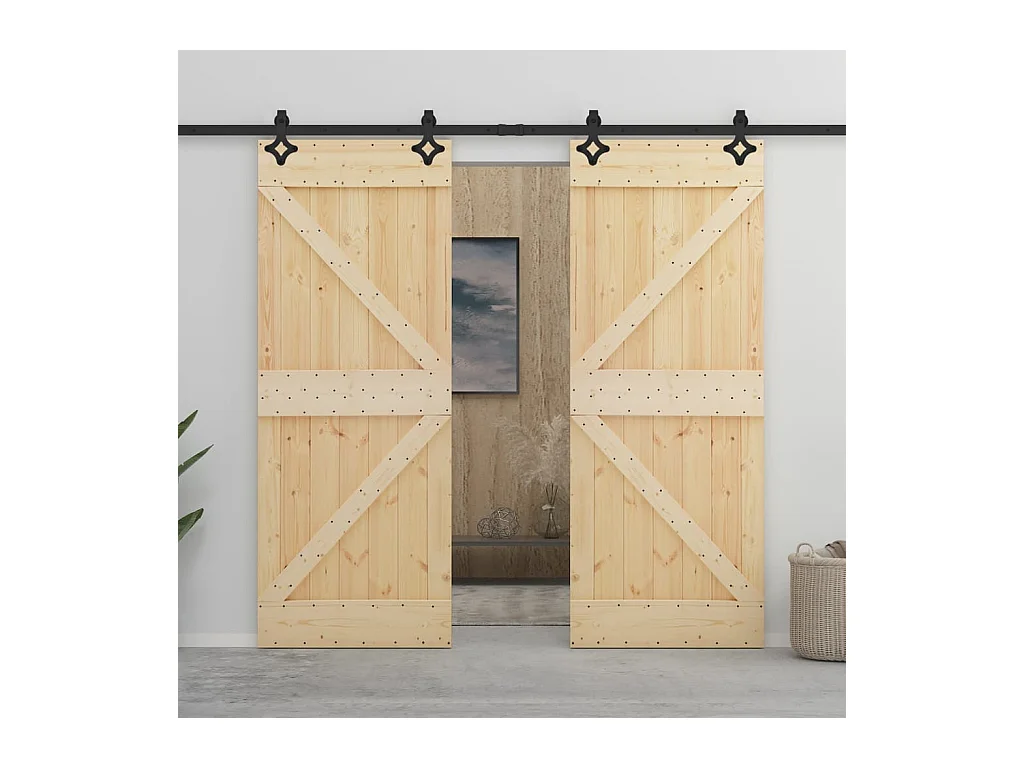 Porta Scorrevole con Set Hardware 90x210 cm in Legno di Pino