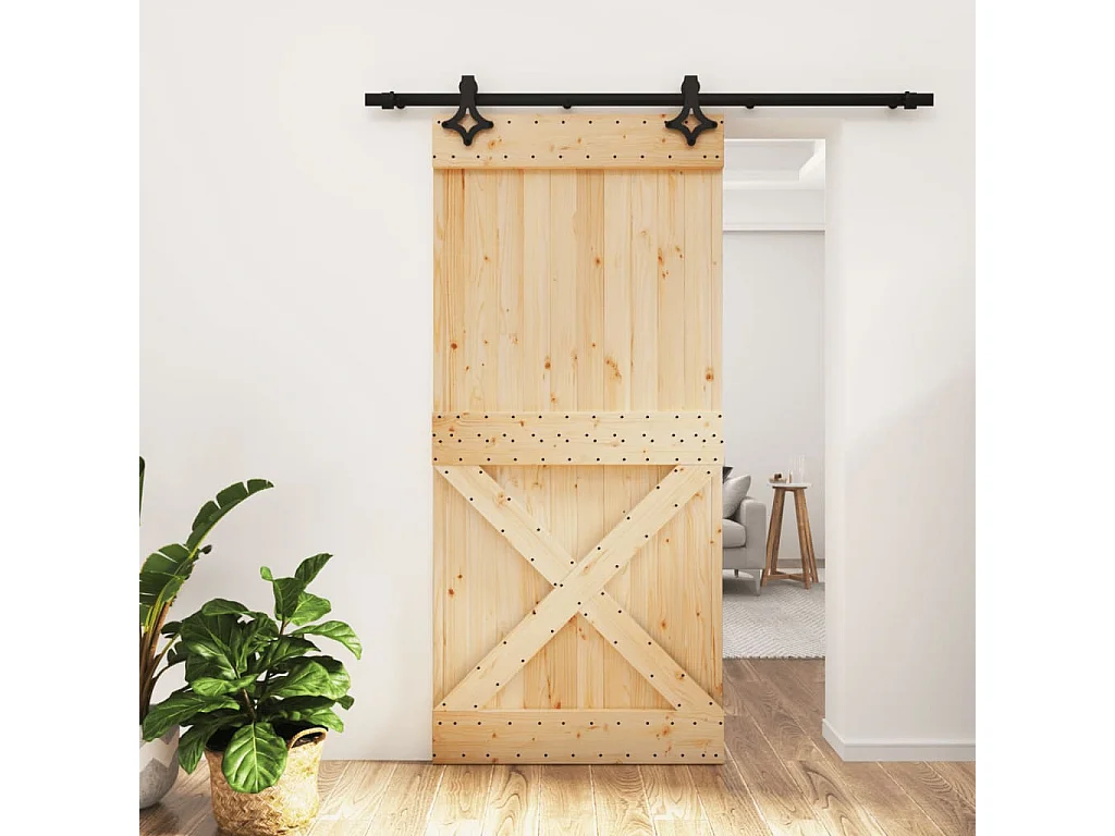 Porte coulissante et kit de quincaillerie 95x210 cm pin massif