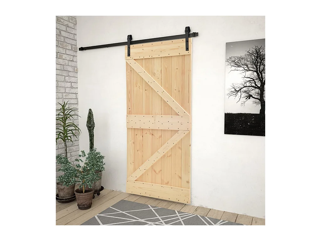 Porta Scorrevole con Set Hardware 90x210 cm in Legno di Pino