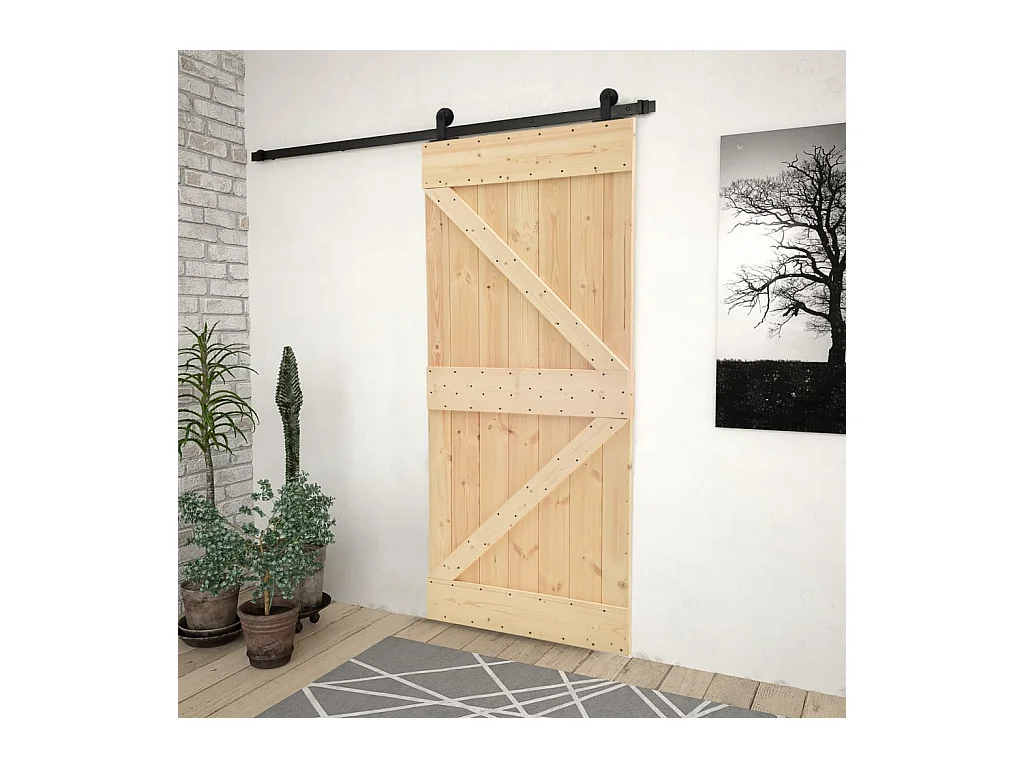 Porta Scorrevole con Set Hardware 90x210 cm in Legno di Pino