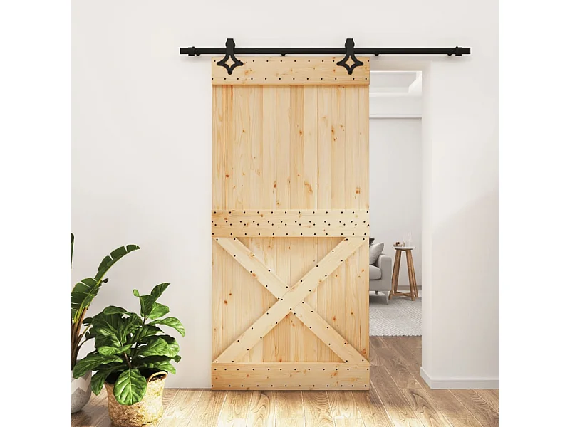 Porta de Correr em Madeira de Pinho Maciça 100x210 cm com Ferragens Robustas