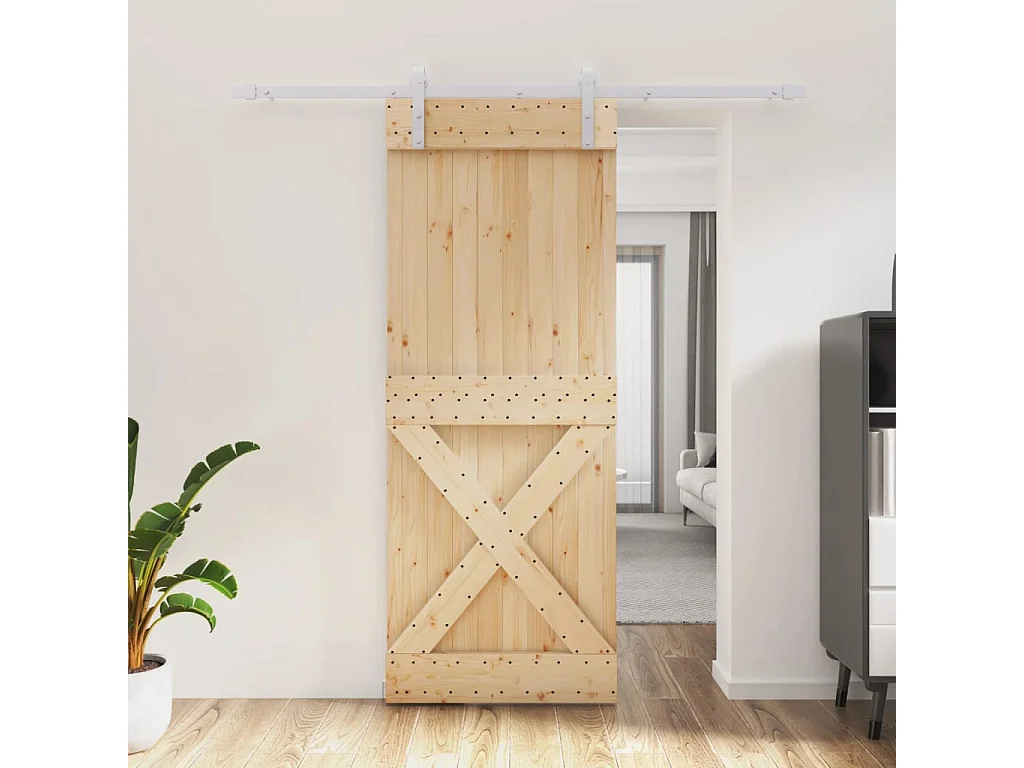 Porta de Correr em Madeira de Pinho Maciça 80x210 cm com Ferragens Resistente e Elegante