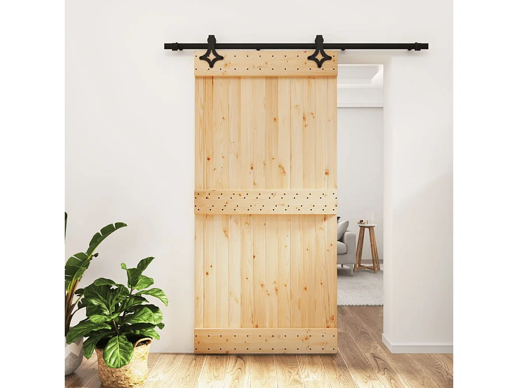 Porta de Correr em Madeira de Pinho Maciça 100x210 cm com Ferragens Duráveis