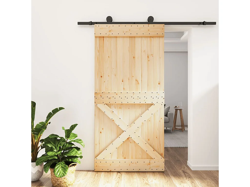 Porta de Correr em Madeira de Pinho Maciça com Ferragens de Aço para Interior - 100x210 cm