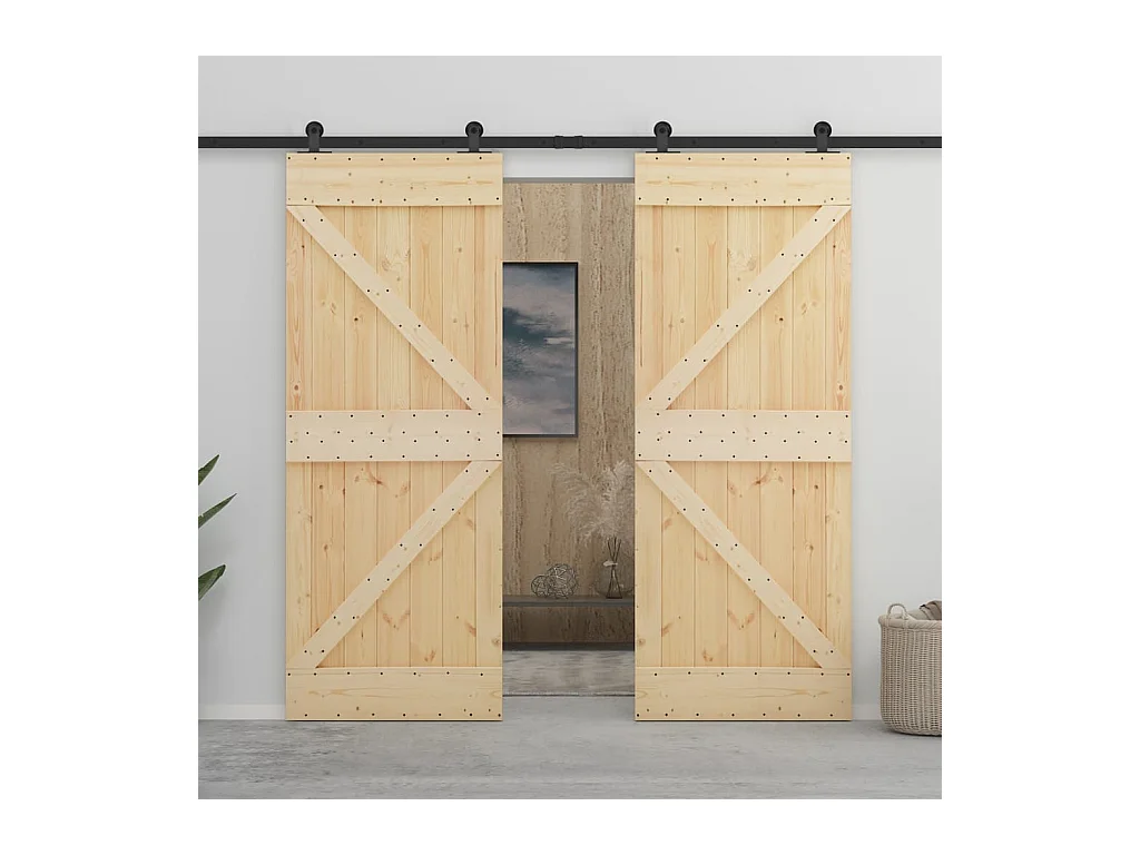 Porta Scorrevole con Set Hardware 90x210 cm in Legno di Pino