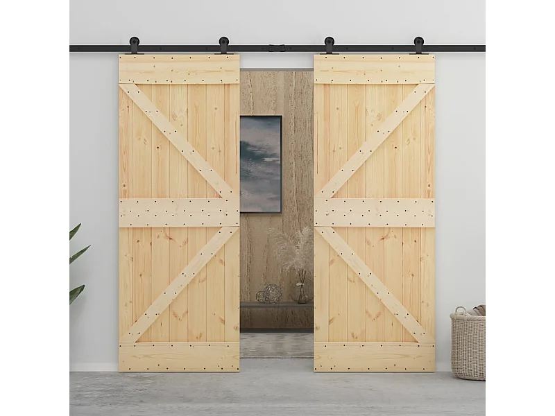 Porte coulissante avec kit de quincaillerie 90x210cm Pin massif