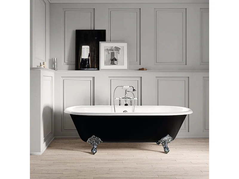 Bañera de Hierro PLYMOUTH negra  153 cm Patas BLANCAS