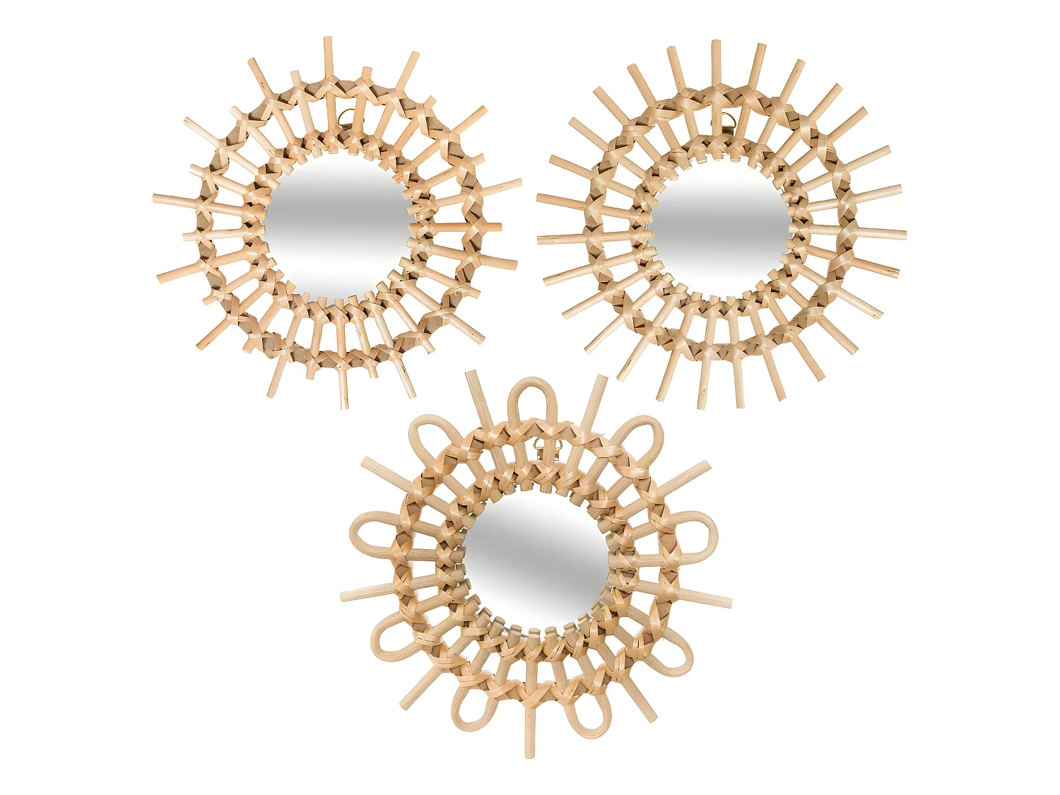 Lot de 3 Miroirs Soleil en Rotin  D 28 cm