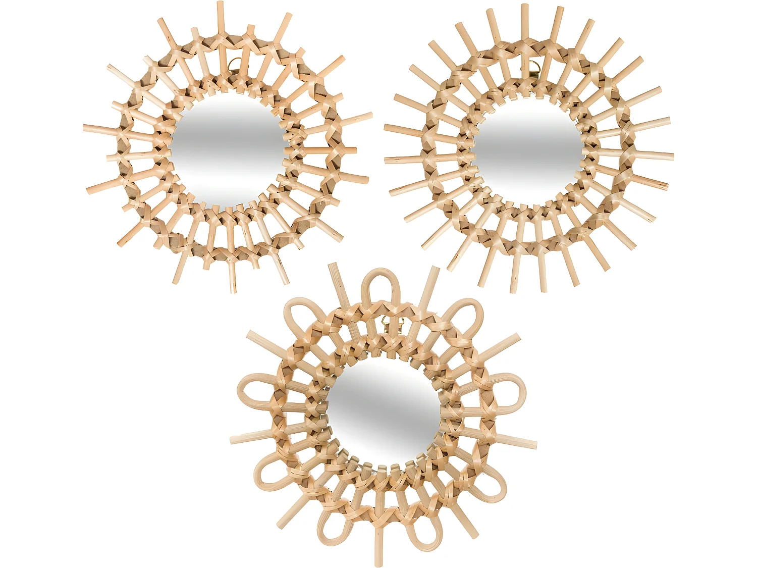 Lot de 3 Miroirs Soleil en Rotin  D 28 cm