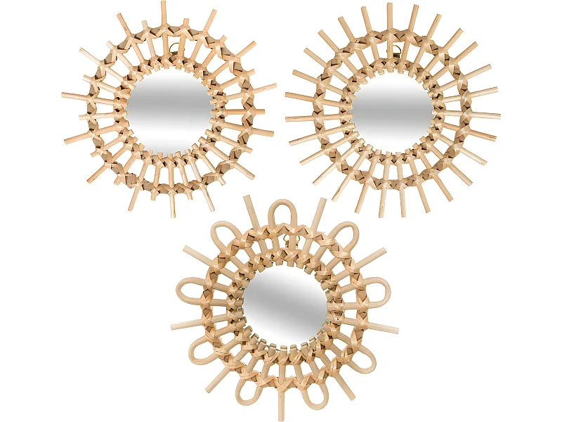 Lot de 3 Miroirs Soleil en Rotin  D 28 cm