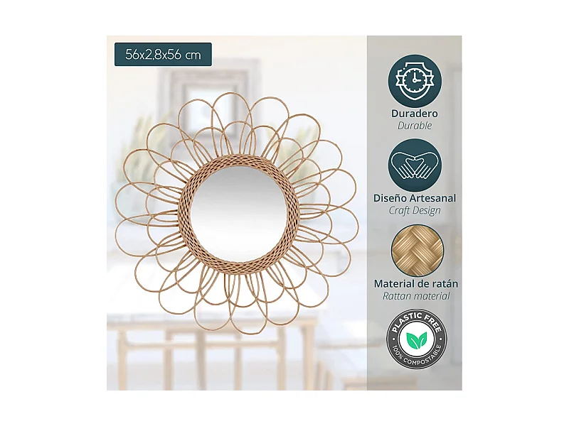 Miroir mural Fleur en Rotin D 56 cm