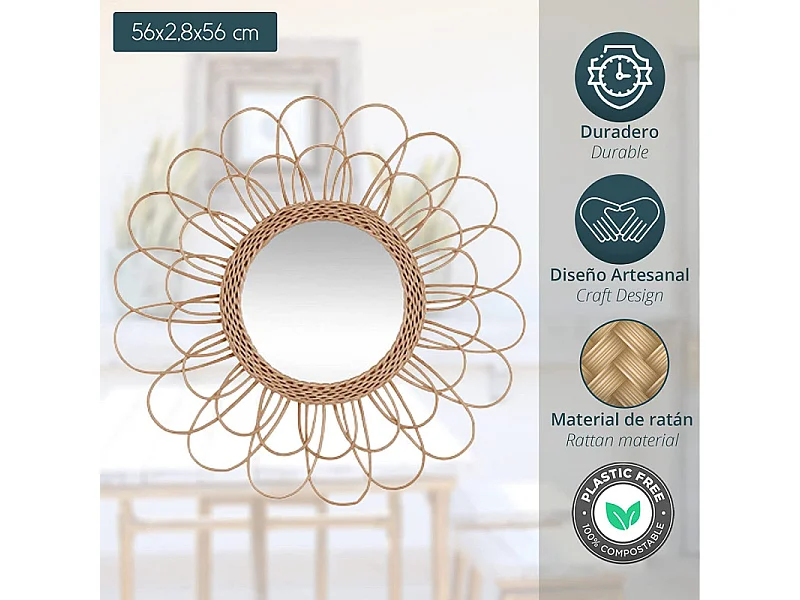 Miroir mural Fleur en Rotin D 56 cm