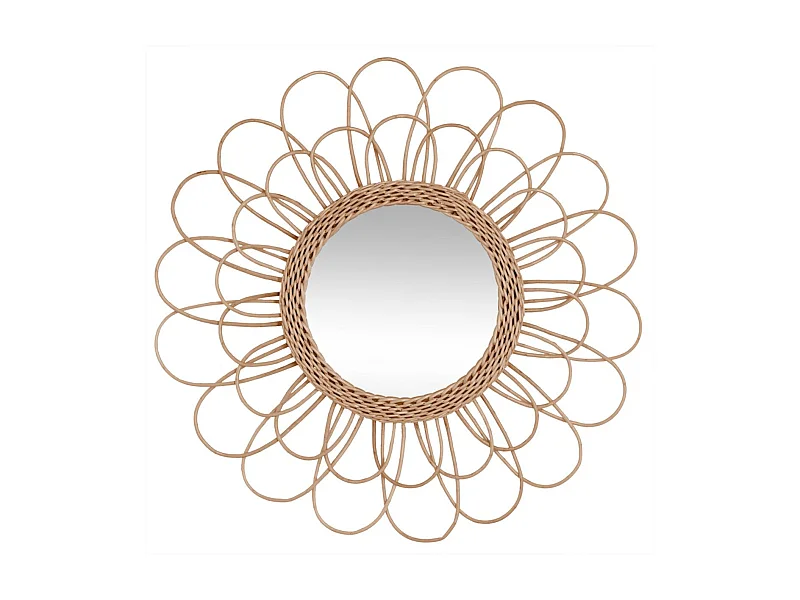 Ronde wandspiegel Bloem van beige rotan 56 cm met centraal spiegel van 23,5 cm om aan de muur te bevestigen