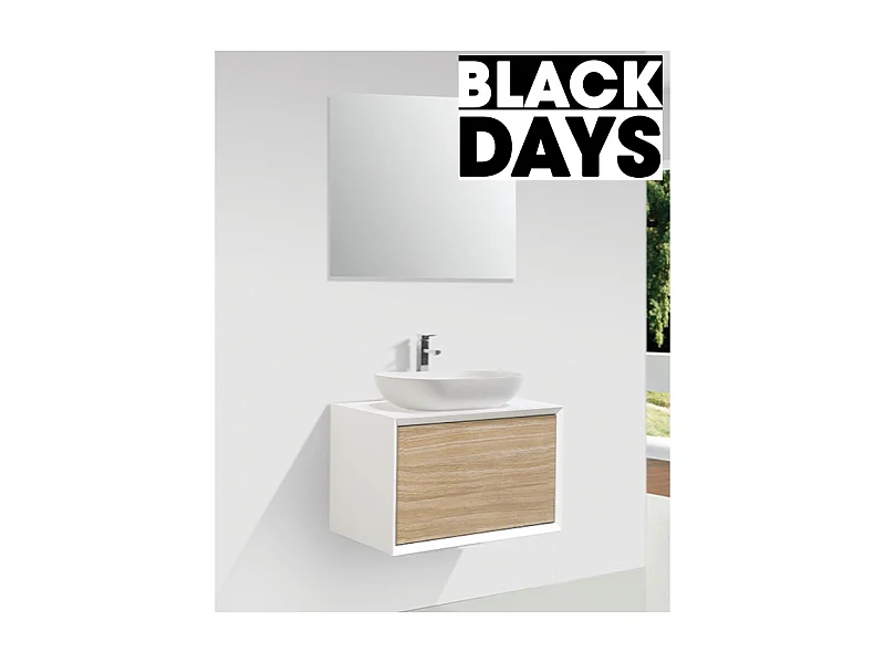 Meuble salle de bain pour vasque à poser PALIO largeur 60 cm blanc mat  chêne clair texturé