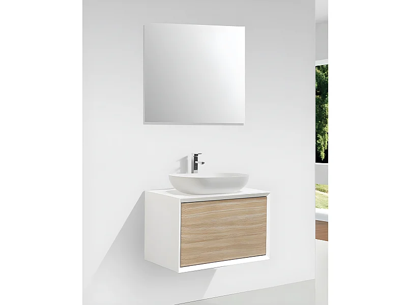 Meuble salle de bain pour vasque à poser PALIO largeur 60 cm blanc mat  chêne clair texturé