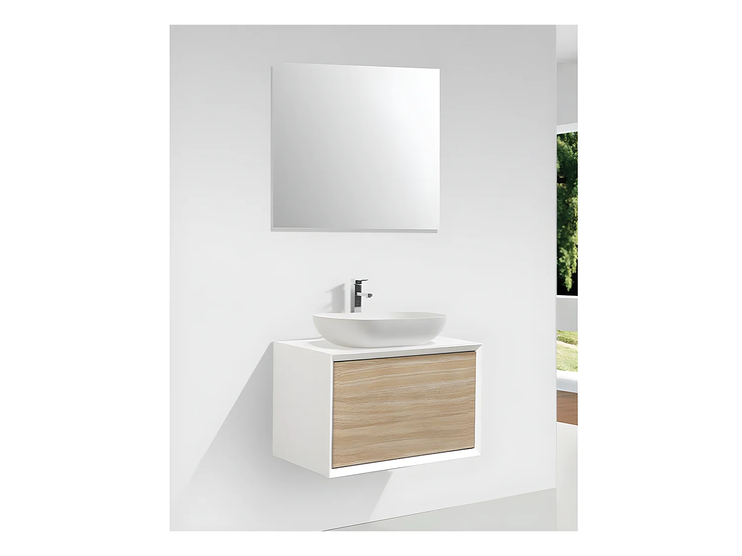 Meuble salle de bain pour vasque à poser PALIO largeur 60 cm blanc mat  chêne clair texturé