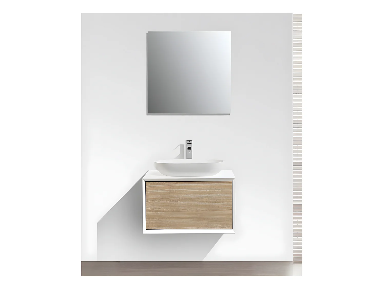 Meuble salle de bain pour vasque à poser PALIO largeur 60 cm blanc mat  chêne clair texturé