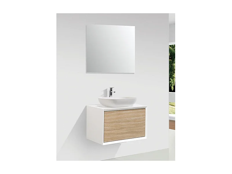 Meuble salle de bain pour vasque à poser PALIO largeur 60 cm blanc mat  chêne clair texturé