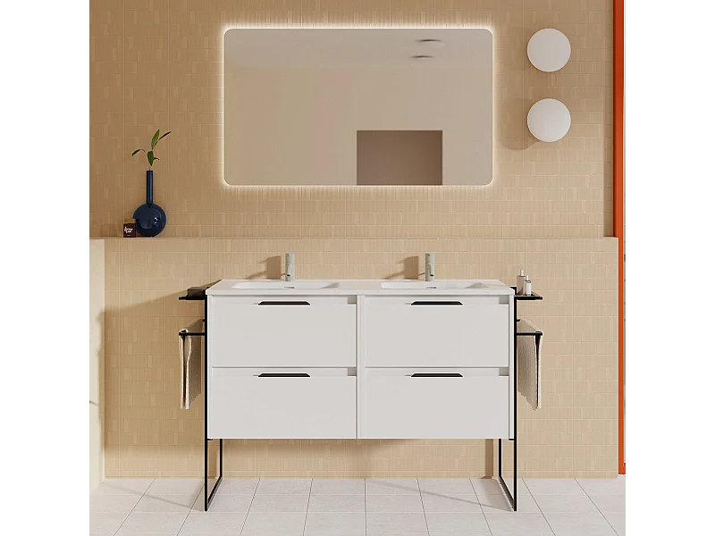 Meuble salle de bain double vasque en bois et métal KEIKO largeur 120 cm blanc brillant