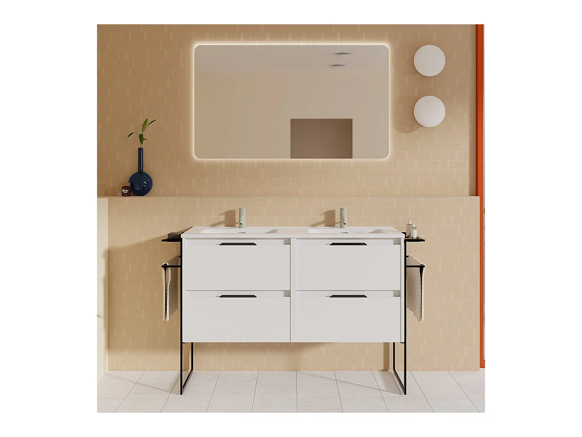 Meuble salle de bain double vasque en bois et métal KEIKO largeur 120 cm blanc brillant