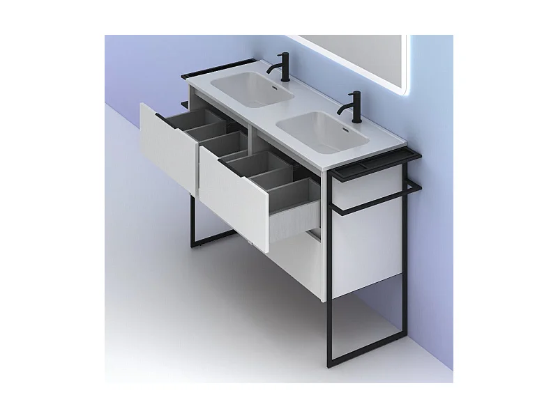 Meuble salle de bain double vasque en bois et métal KEIKO largeur 120 cm blanc brillant