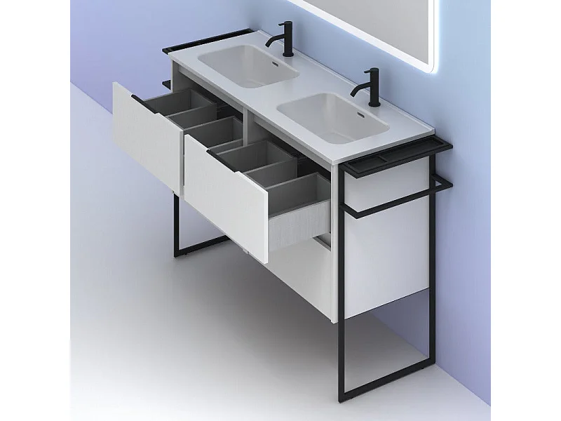 Meuble salle de bain double vasque en bois et métal KEIKO largeur 120 cm blanc brillant